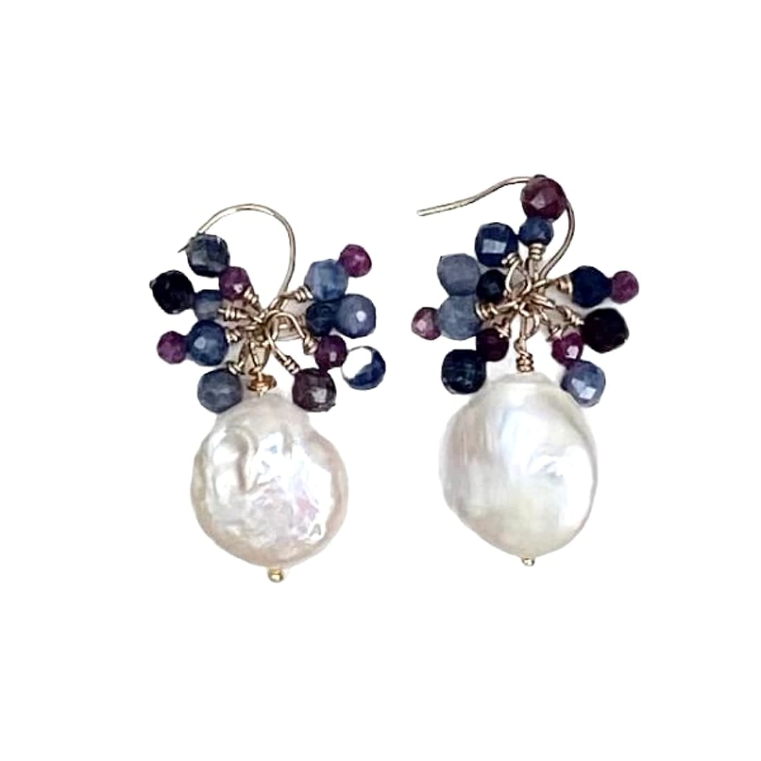 Coin Pearl & Ruby Sapphire Cluster Earrings