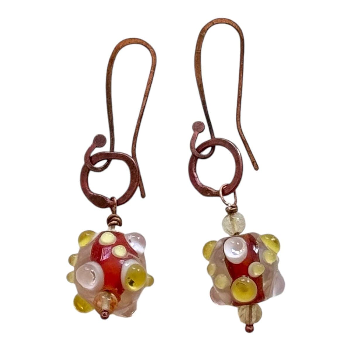 Funky Red and Yellow Lampwork On Copper Earrings