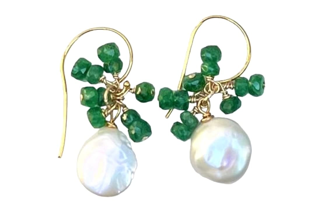 Green Emerald and Coin Pearl Cluster Earrings
