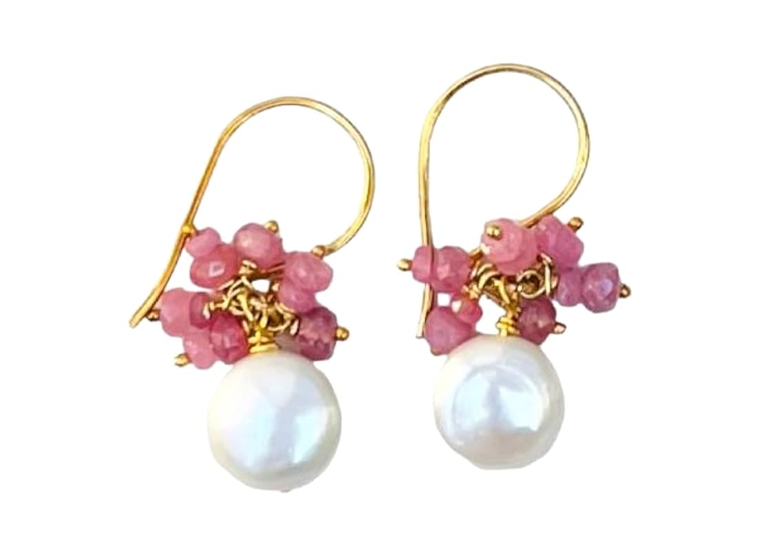 Pink Sapphire and Coin Pearl Cluster Earrings