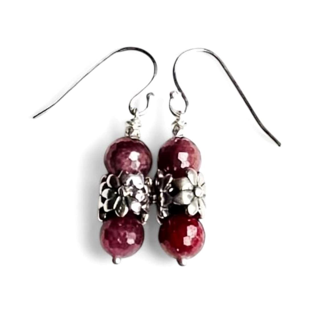 Ruby & Sterling Silver Floral Earrings