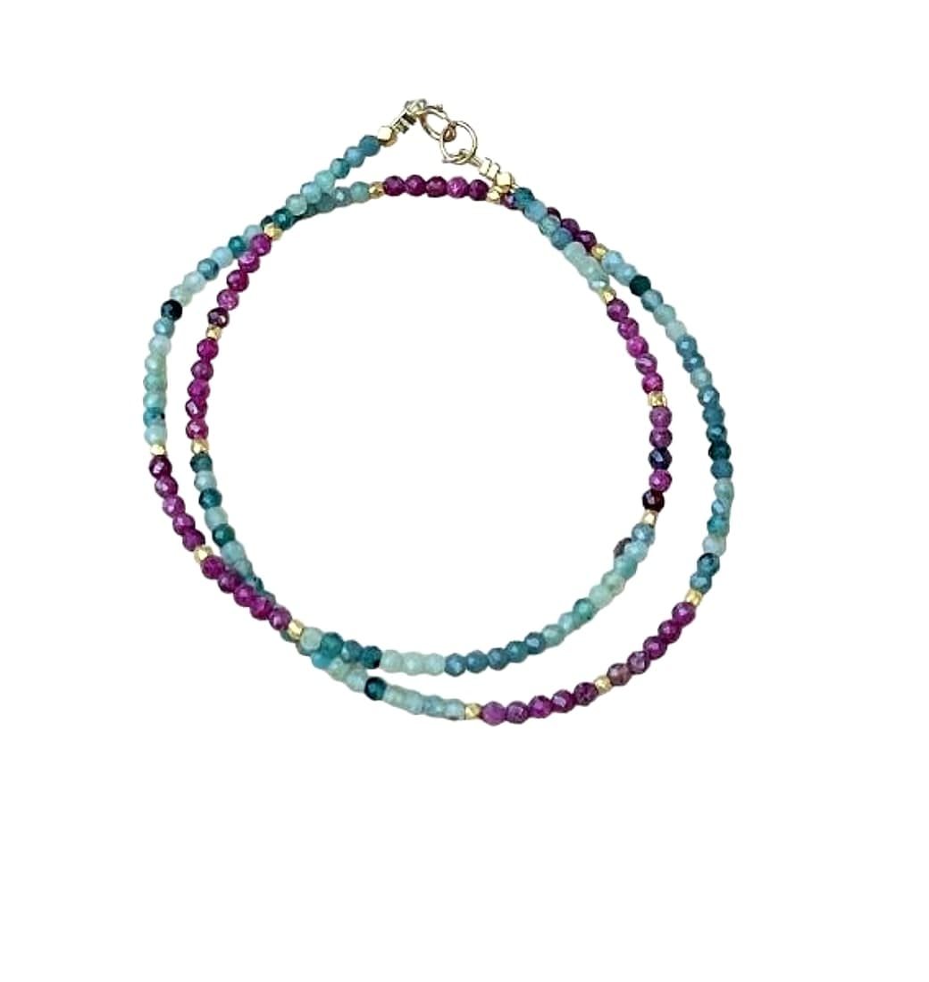 Teal Green Gemstone and Ruby Necklace